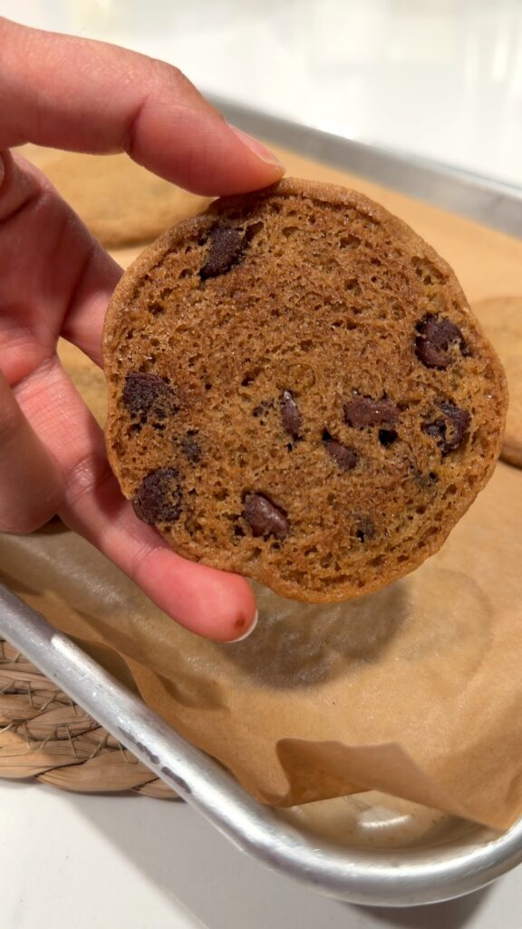 the underside of a chocolate chip cookie